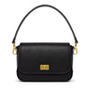 A black leather shoulder bag with a structured rectangular shape, a single top handle, and gold-tone hardware, including a central clasp and side D-rings, shown on a plain white background.