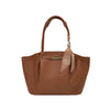 A brown leather tote bag with a top handle, a small gold-tone metal clasp on the front, and a matching brown silk scarf with a white floral pattern hanging from the handle, shown against a plain white background.
