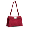 A structured Burgundy suede handbag with a single shoulder strap, a front flap with a silver-tone turn-lock clasp, and small silver metal feet at the bottom, shown on a plain white background.