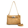 A tan suede shoulder bag with a structured rectangular shape, a silver-tone turn-lock clasp, and a matching detachable shoulder strap, displayed on a clean white background.
