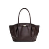 A dark brown leather tote bag with a structured slouchy silhouette, dual top handles, and a small gold-tone metal accent on the front, shown against a plain white background.