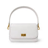 A white faux leather shoulder bag with a top handle, gold-tone hardware, and a gold turn-lock clasp on the front flap, shown against a plain white background.
