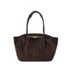 A dark brown suede tote bag with a structured silhouette, dual top handles, a horizontal leather detail across the top, and a small gold-tone clasp, shown against a plain white background.