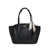 A black leather tote bag with double top handles, a gold-tone front clasp, and a black-and-white patterned silk scarf tied to the handle, shown on a plain white background.